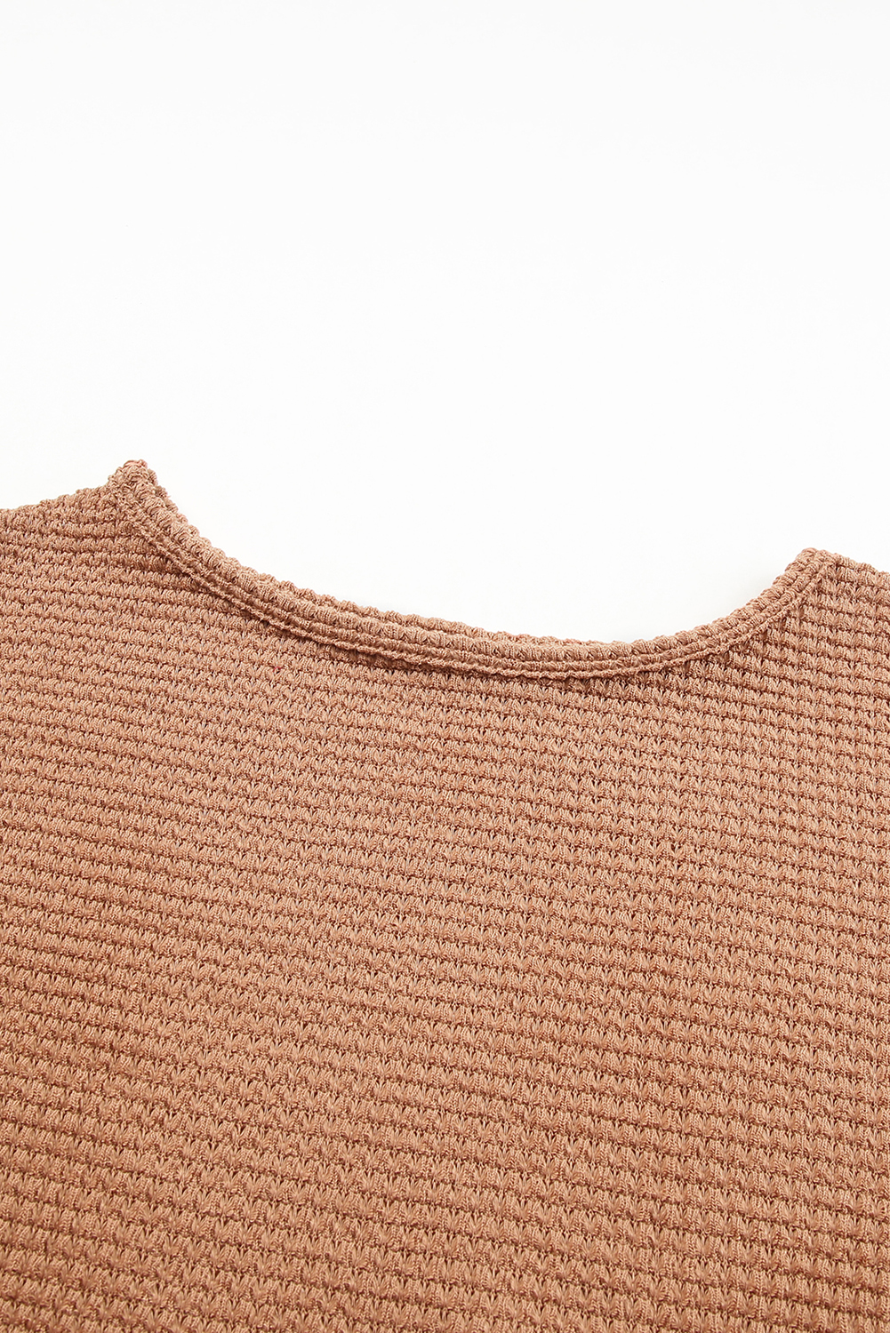 Chic and Comfy Long Sleeve Top: Khaki Waffle Knit with Drop Shoulder Design - Detail View 12 Chic and Comfy Long Sleeve Top: Khaki Waffle Knit with Drop Shoulder Design - Detail View 12