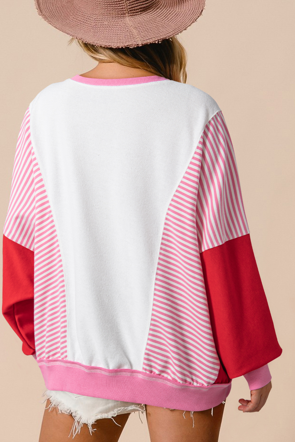 Festive Crew Neck Sweatshirt with Unique Striped Block Design and Santa Claus Print - Detail View 2 Festive Crew Neck Sweatshirt with Unique Striped Block Design and Santa Claus Print - Detail View 2