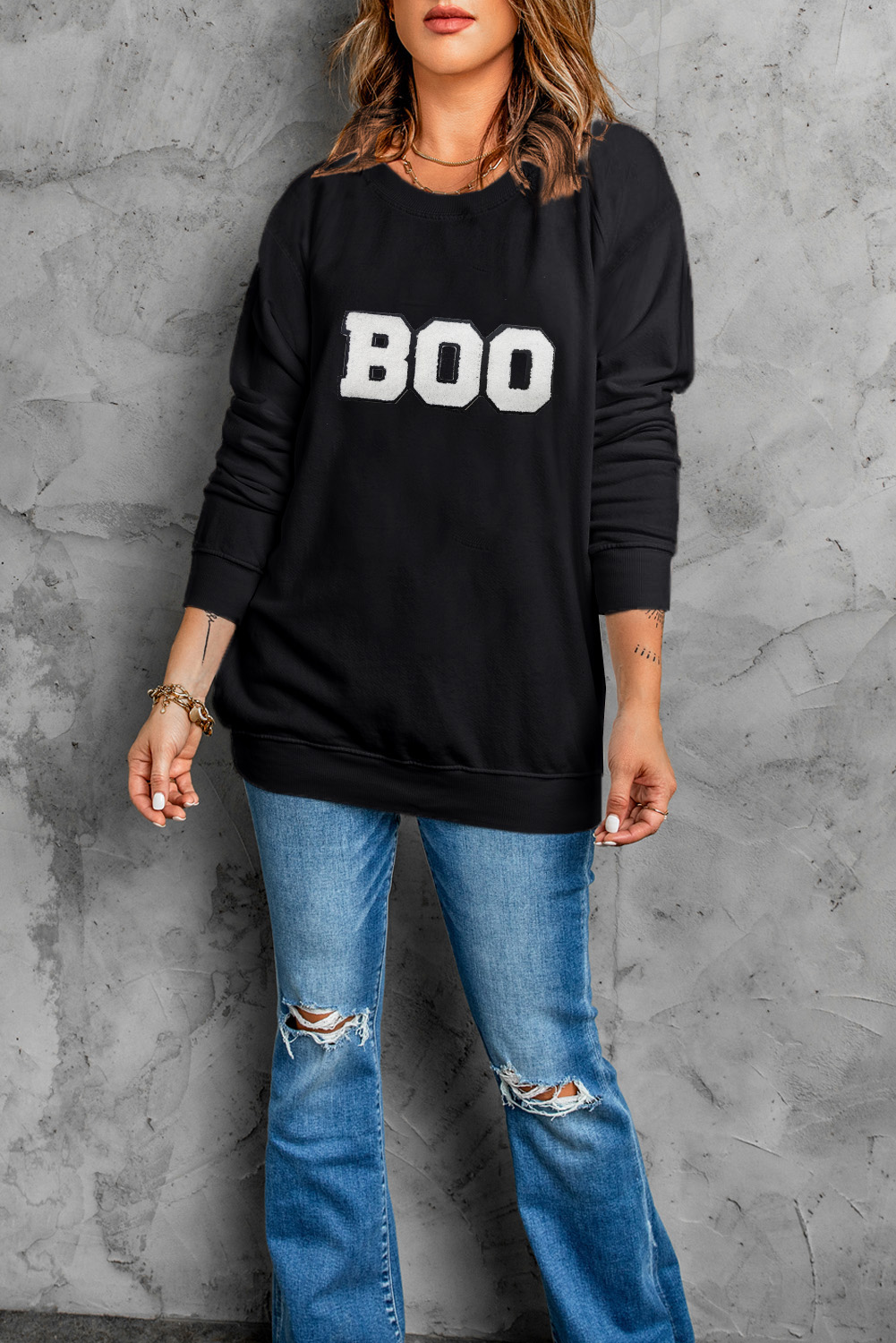 Cozy and Comfortable Crewneck Sweatshirt with Chenille BOO Patch - Black - Detail View 8 Cozy and Comfortable Crewneck Sweatshirt with Chenille BOO Patch - Black - Detail View 8