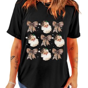 Women's Black Leopard Bow Santa Claus Graphic T-Shirt - Main View