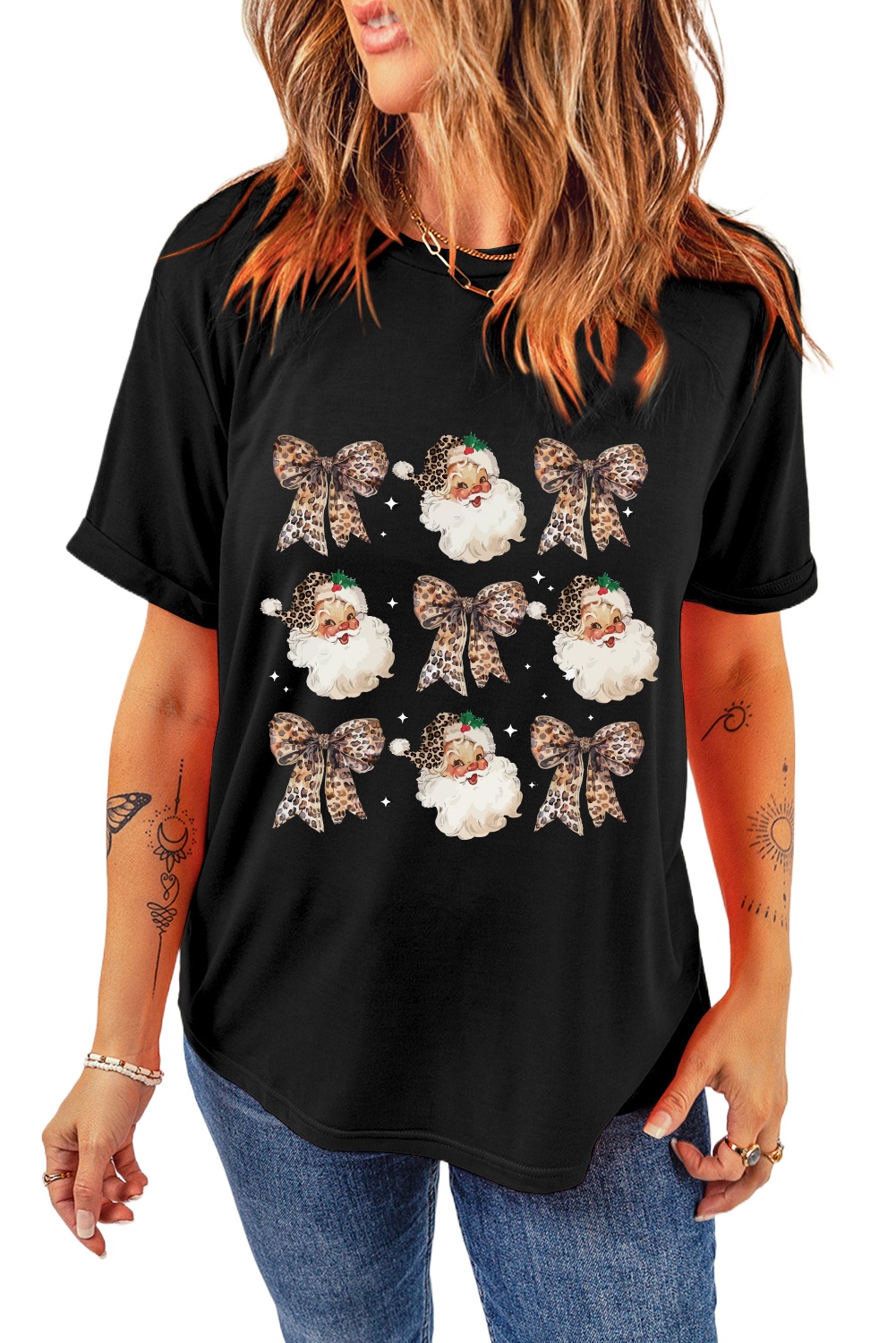 Women's Black Leopard Bow Santa Claus Graphic T-Shirt - Main View Women's Black Leopard Bow Santa Claus Graphic T-Shirt - Main View