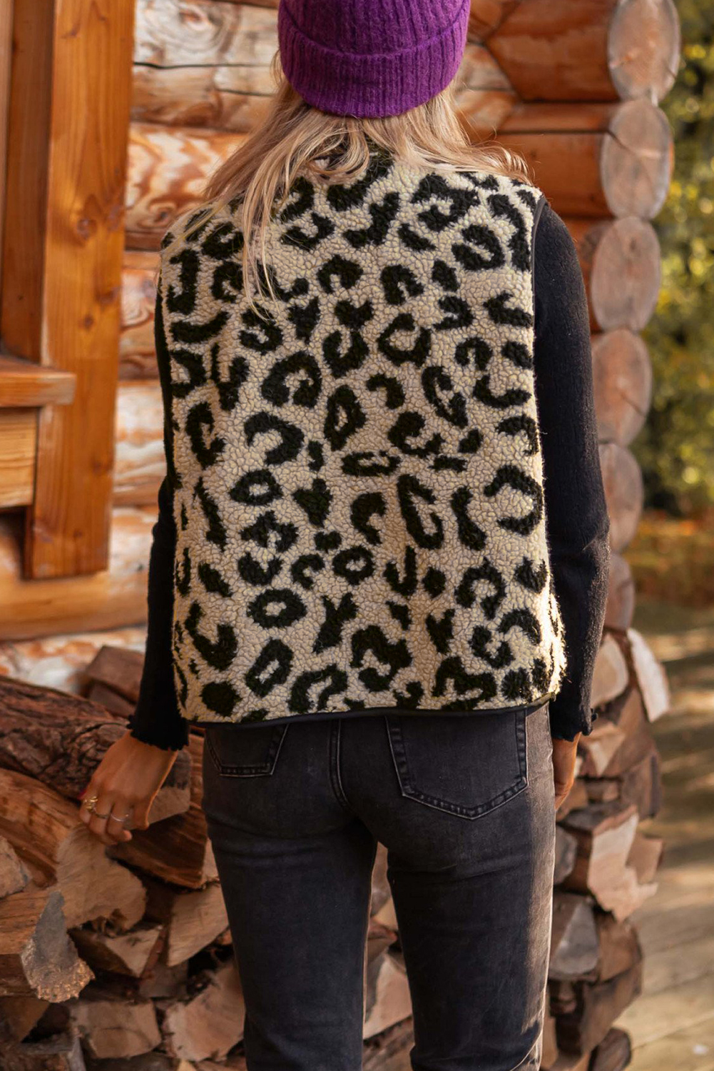 Women's Black Leopard Print Sherpa Vest Coat - Detail View 11 Women's Black Leopard Print Sherpa Vest Coat - Detail View 11