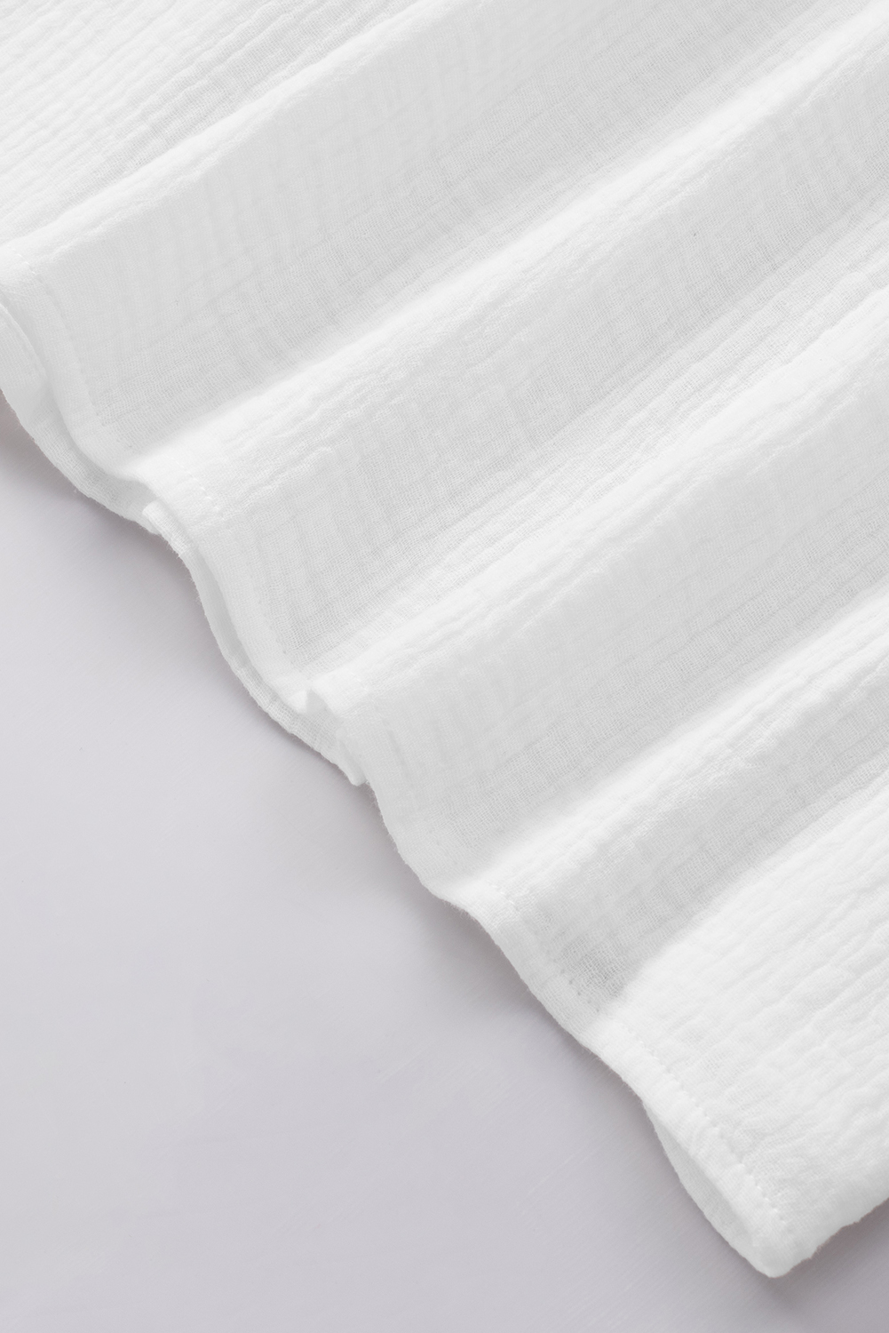 Casual White Cotton Blouse, Relaxed Fit Ruched Babydoll Top - Detail View 11 Casual White Cotton Blouse, Relaxed Fit Ruched Babydoll Top - Detail View 11