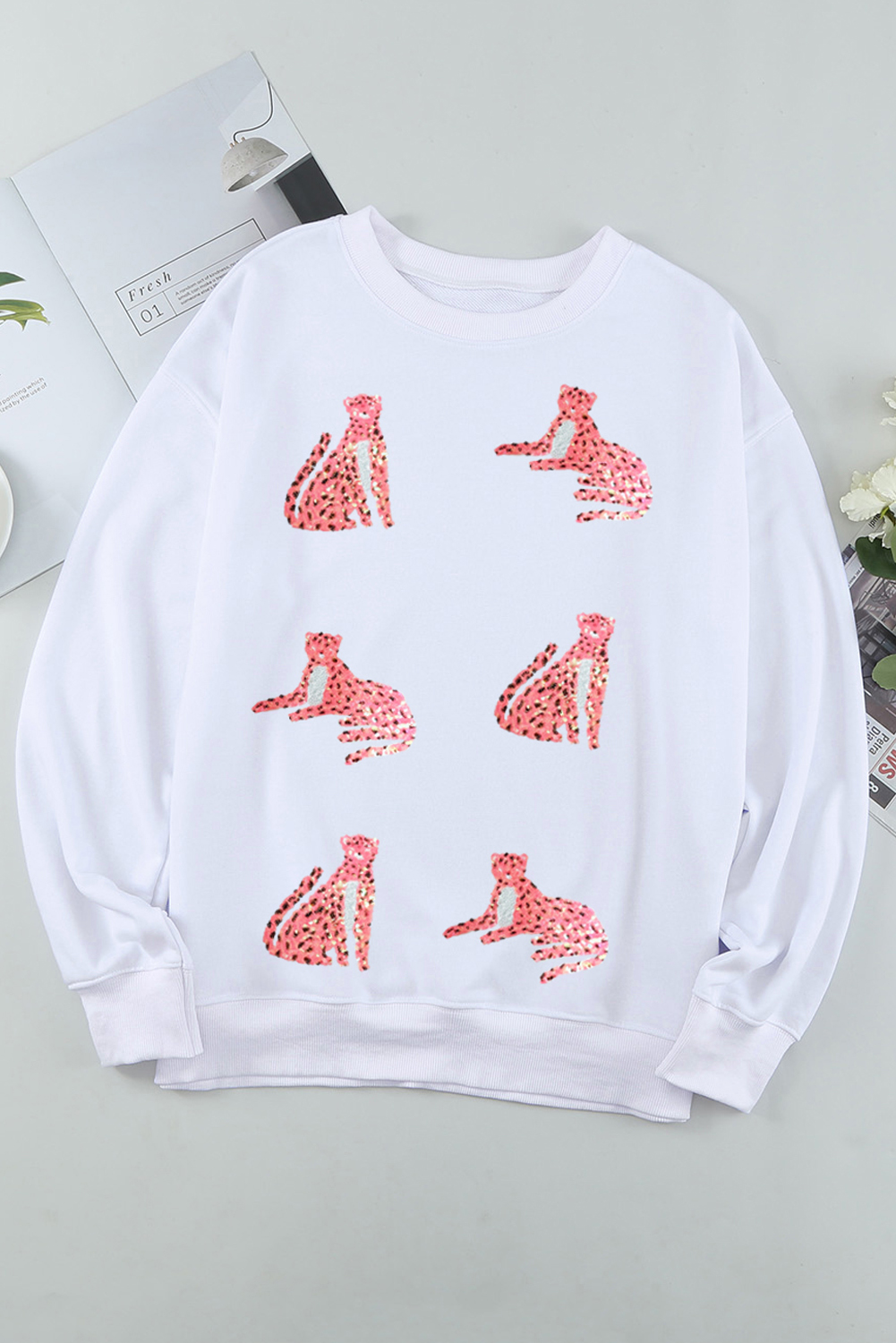 Women's Beige Sequin Cheetah O Neck Drop Shoulder Sweatshirt - Detail View 6 Women's Beige Sequin Cheetah O Neck Drop Shoulder Sweatshirt - Detail View 6