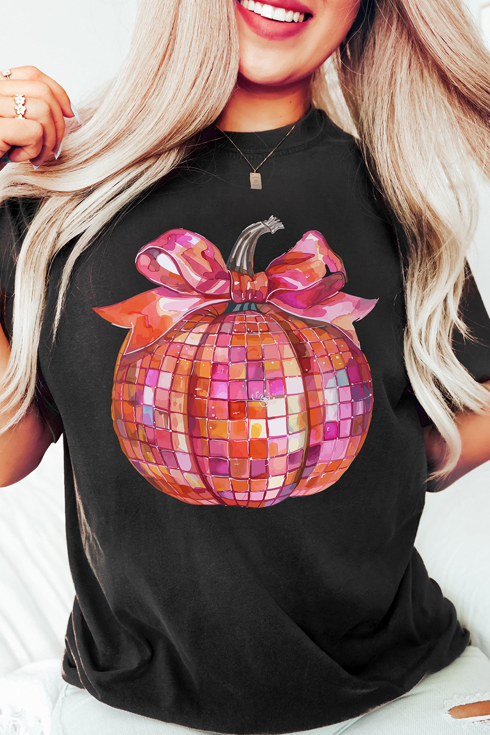 Casual Black Crewneck Tee with Festive Bow Pumpkin Print - Perfect for Fall - Detail View 6 Casual Black Crewneck Tee with Festive Bow Pumpkin Print - Perfect for Fall - Detail View 6