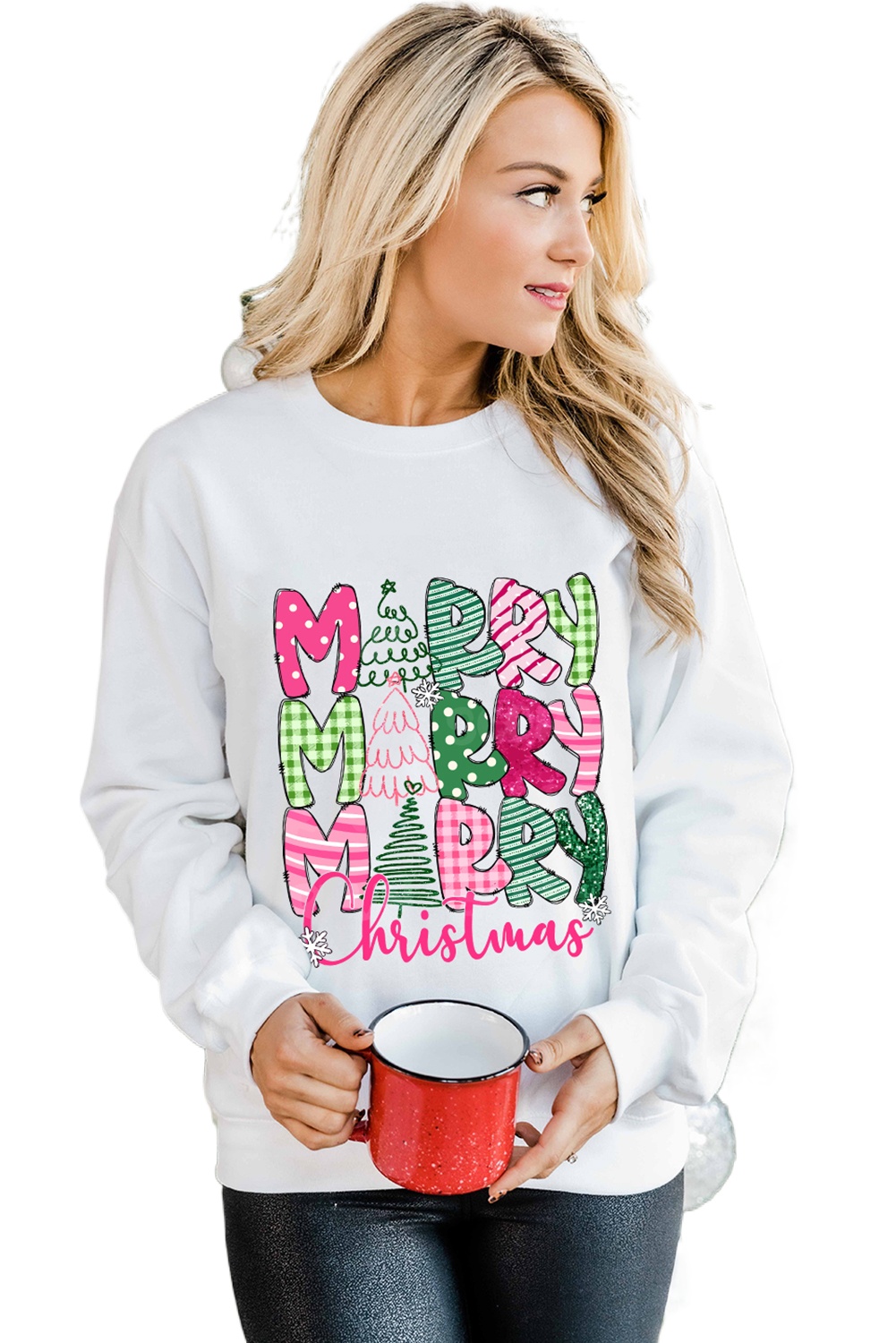 Women's Beige MERRY Christmas Printed Drop Shoulder Pullover Sweatshirt - Main View Women's Beige MERRY Christmas Printed Drop Shoulder Pullover Sweatshirt - Main View
