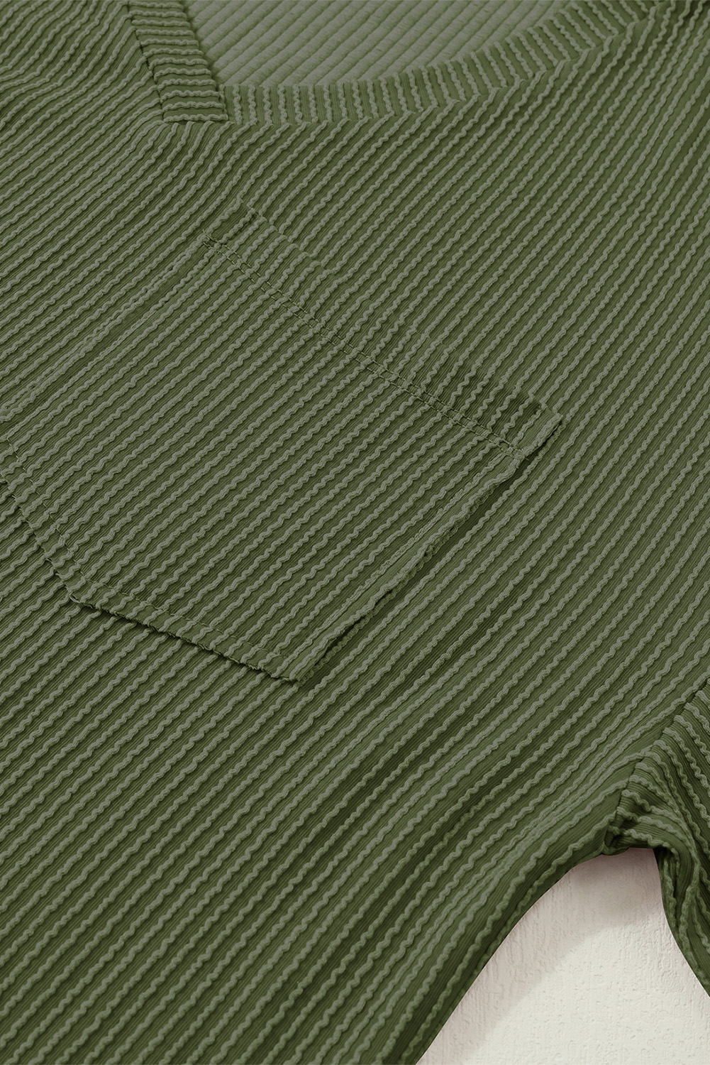 Women's Corded V Neck T-shirt, Casual Jungle Green Pocket Top - Detail View 13 Women's Corded V Neck T-shirt, Casual Jungle Green Pocket Top - Detail View 13