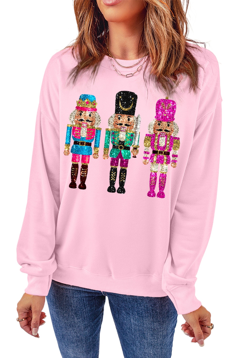 Women's Pink Nutcracker Sweatshirt, Casual Christmas Pullover - Main View Women's Pink Nutcracker Sweatshirt, Casual Christmas Pullover - Main View