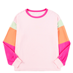 Women's Pink Colorblock Patchwork Long Sleeve Loose Top - Main View