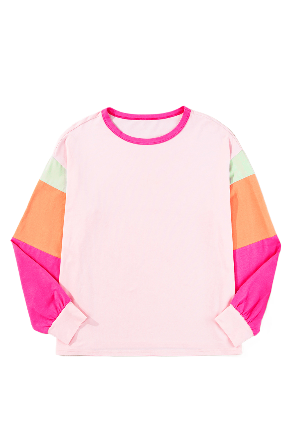 Women's Pink Colorblock Patchwork Long Sleeve Loose Top - Main View Women's Pink Colorblock Patchwork Long Sleeve Loose Top - Main View