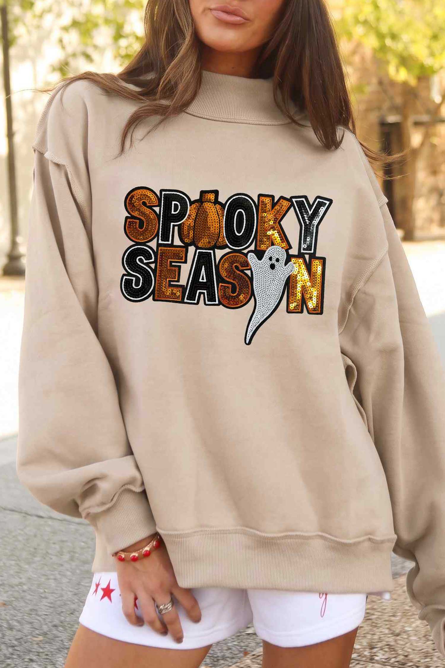Women's Sequin Halloween Sweatshirt, Apricot Mock Neck Top - Detail View 7 Women's Sequin Halloween Sweatshirt, Apricot Mock Neck Top - Detail View 7
