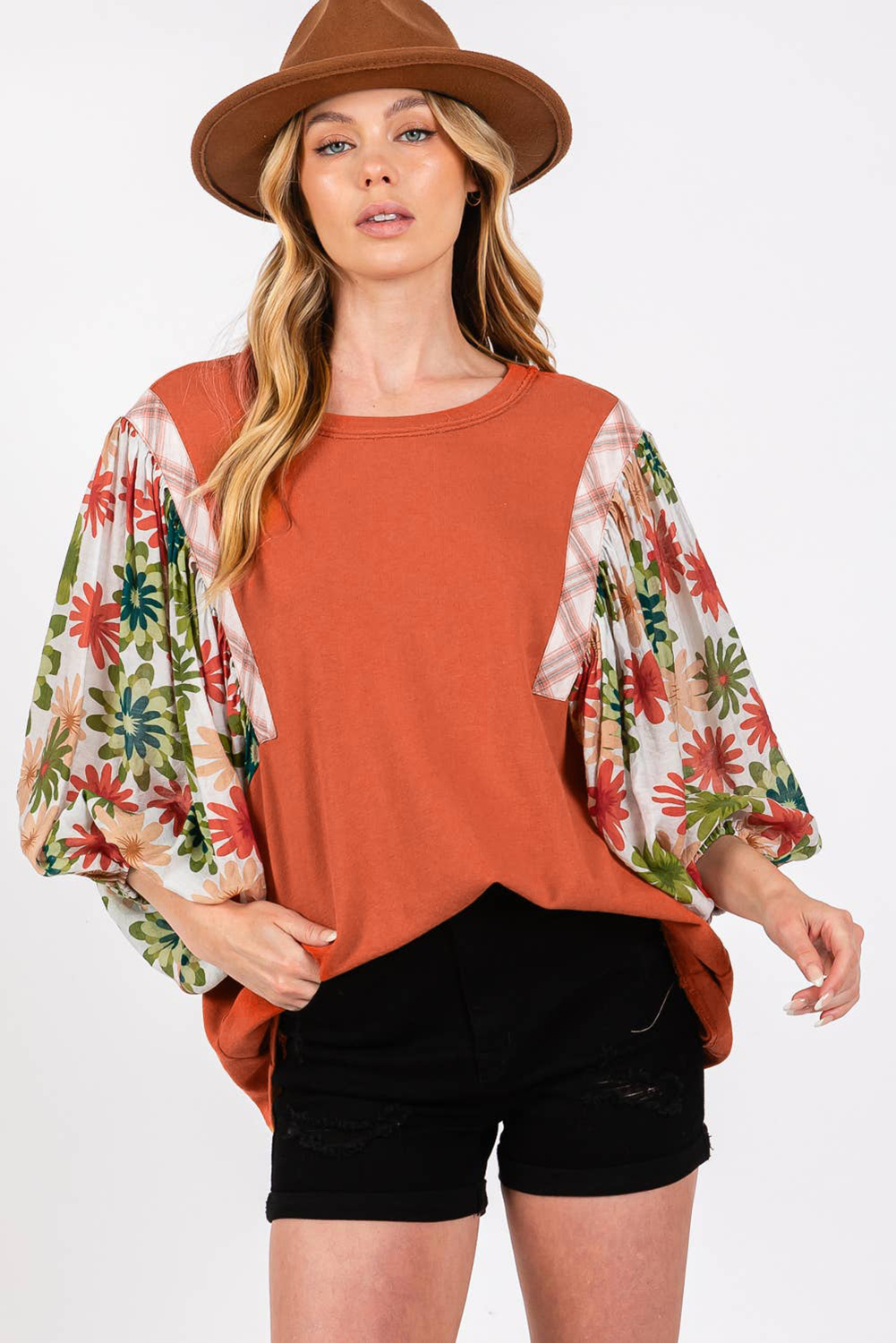 Women's Blouse, Desert Gold, Floral Print, Puff Sleeve, Patchwork Design, Round Neck, Casual Style, Daily Wear, Spring Fashion, Chic, Comfortable, Elegant, Country Style, Tops, Blouses & Shirts - Detail View 4 Women's Blouse, Desert Gold, Floral Print, Puff Sleeve, Patchwork Design, Round Neck, Casual Style, Daily Wear, Spring Fashion, Chic, Comfortable, Elegant, Country Style, Tops, Blouses & Shirts - Detail View 4
