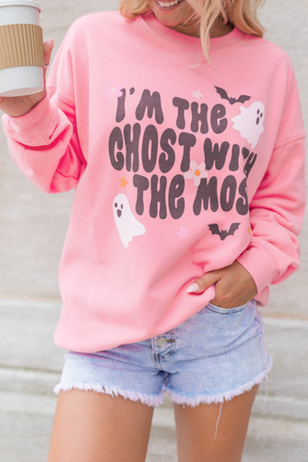 Spooky Cute Halloween Sweatshirt for Women - Pink with Ghost and Slogan Graphic - Detail View 2 Spooky Cute Halloween Sweatshirt for Women - Pink with Ghost and Slogan Graphic - Detail View 2