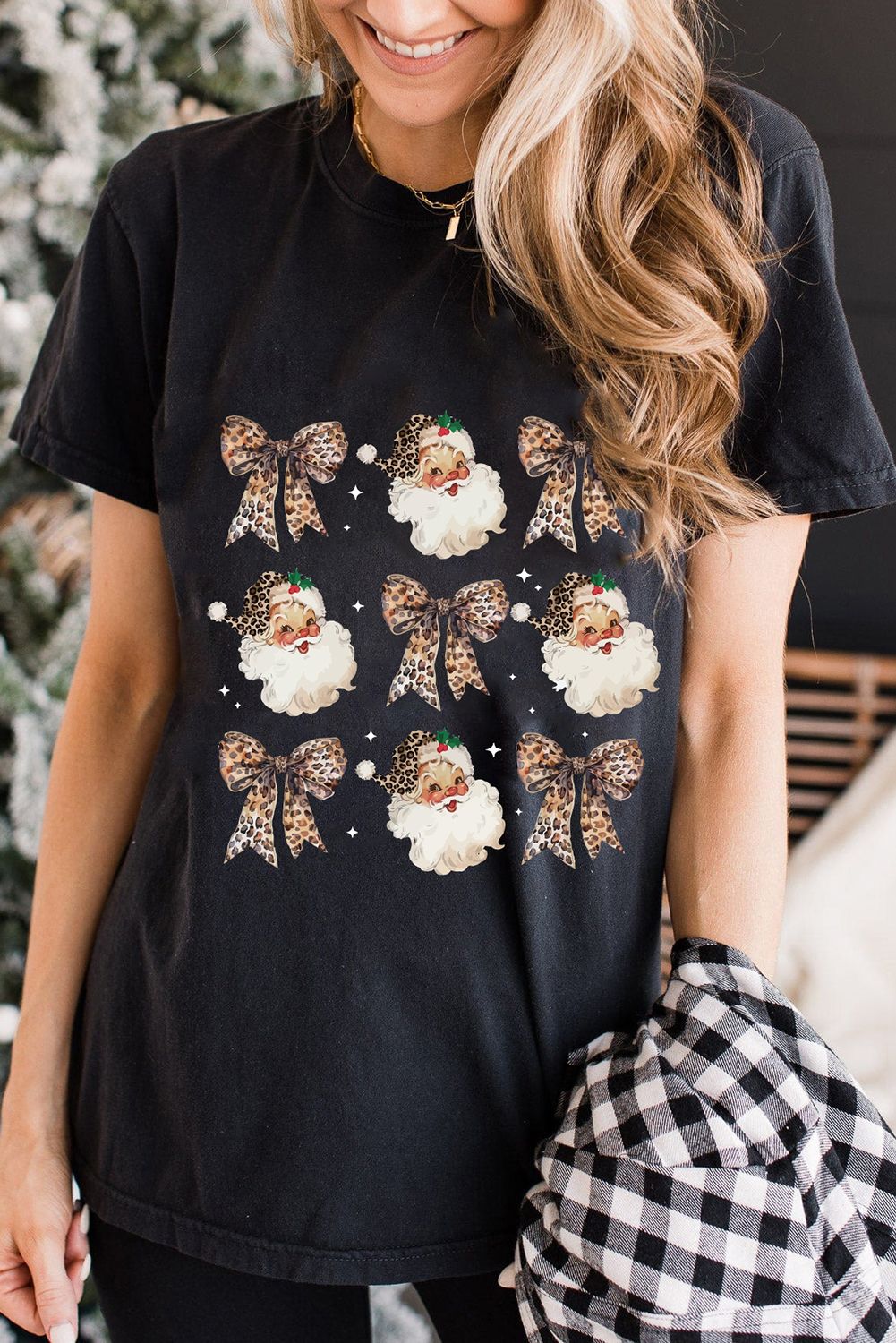 Holiday Cheer: Comfortable and Stylish Black Leopard Graphic Tee - Detail View 7 Holiday Cheer: Comfortable and Stylish Black Leopard Graphic Tee - Detail View 7
