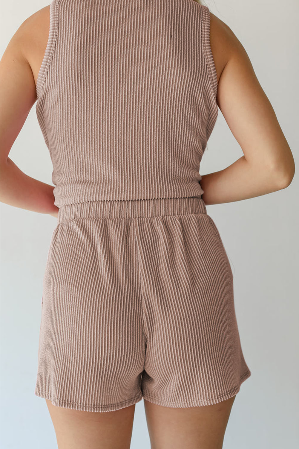 Summer Ribbed Knit Two Piece Set, Casual Sleeveless Tank Shorts - Detail View 11 Summer Ribbed Knit Two Piece Set, Casual Sleeveless Tank Shorts - Detail View 11