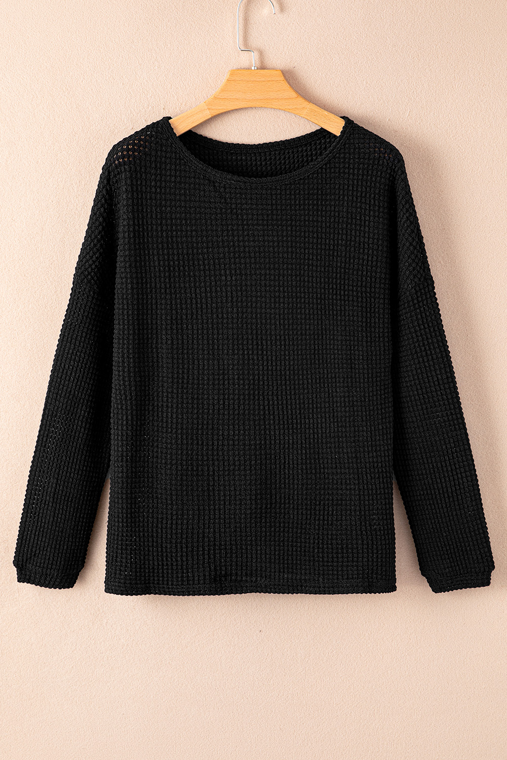 Women's Black Waffle Knit Drop Shoulder Long Sleeve Top - Detail View 6 Women's Black Waffle Knit Drop Shoulder Long Sleeve Top - Detail View 6