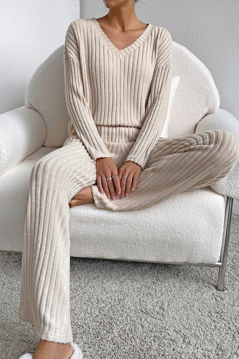 Khaki Ribbed Loungewear Set, Relaxed V Neck Two Piece Outfit - Detail View 6 Khaki Ribbed Loungewear Set, Relaxed V Neck Two Piece Outfit - Detail View 6