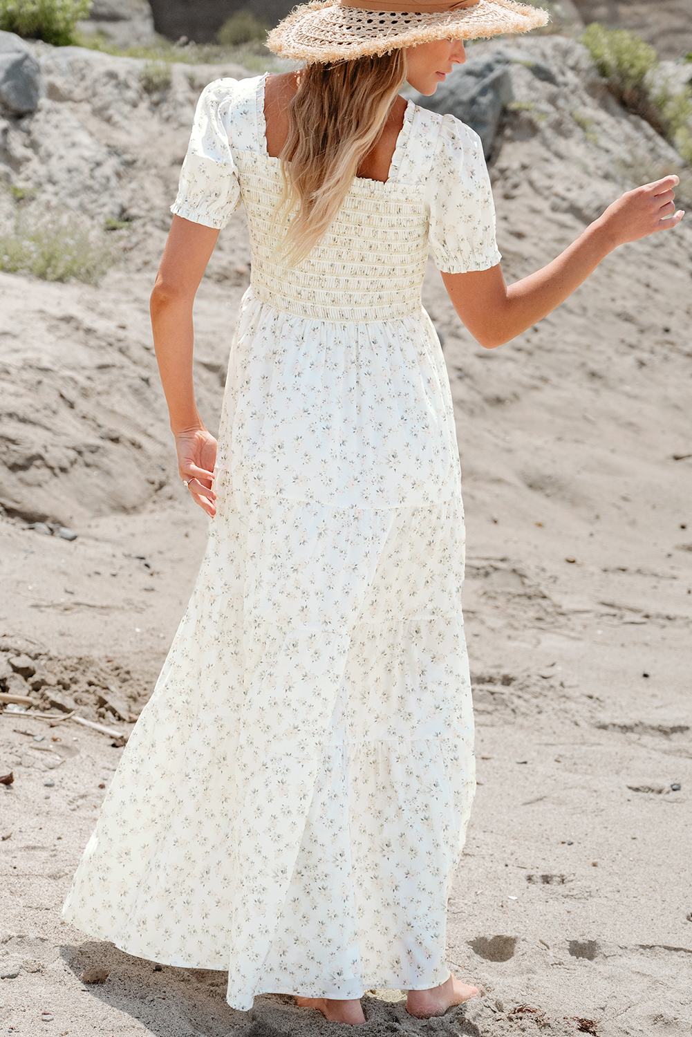 White Floral Tiered Maxi Dress, Square Neck Southern Belle - Detail View 2 White Floral Tiered Maxi Dress, Square Neck Southern Belle - Detail View 2