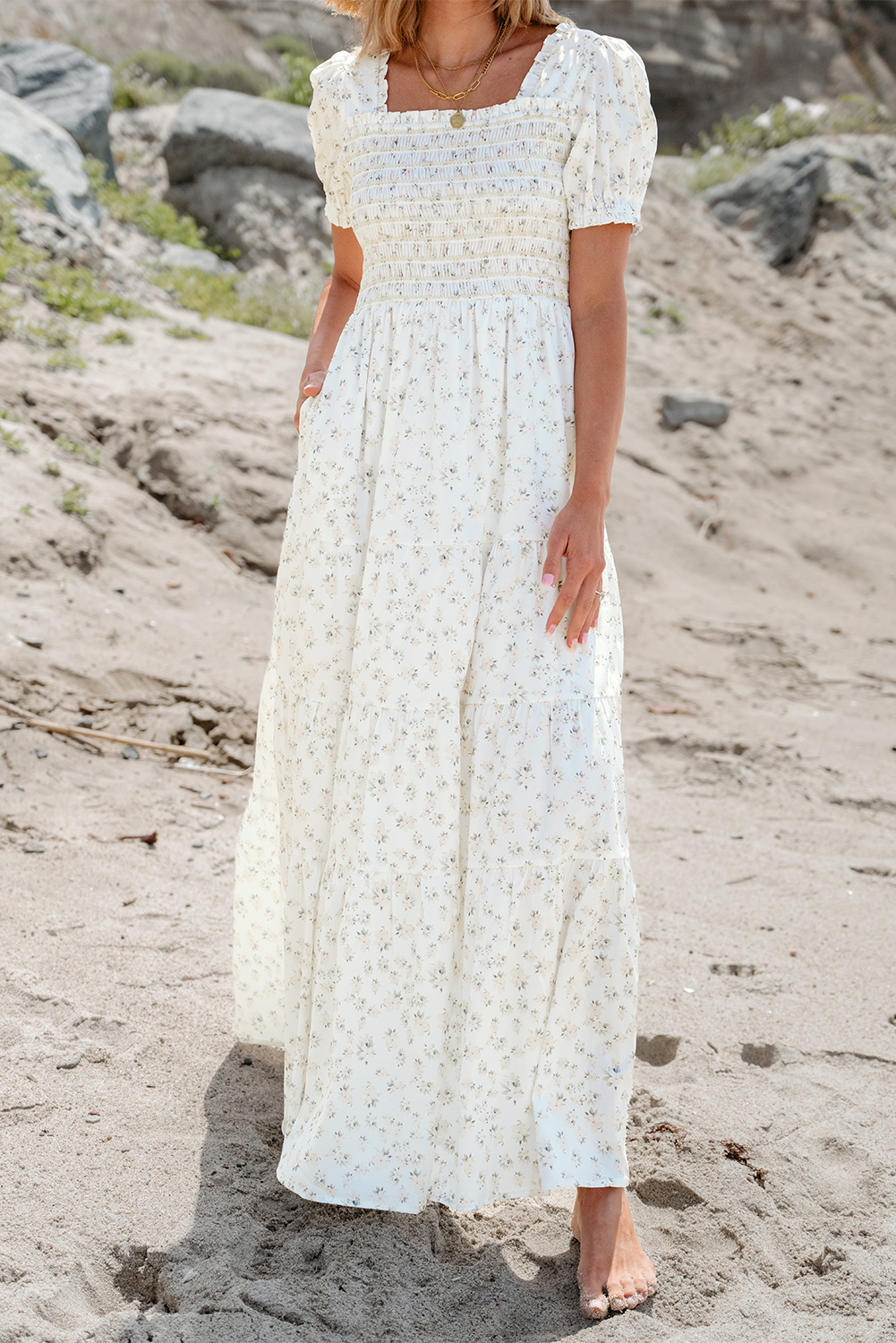 Casual Floral Puff Sleeve Dress, Smocked Waist Long Summer - Detail View 15 Casual Floral Puff Sleeve Dress, Smocked Waist Long Summer - Detail View 15