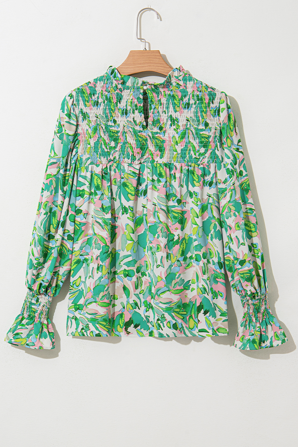 Women's Green Leafy Printed Flounce Sleeve Shirred Mock Neck Blouse - Elegant Floral Design - Detail View 9 Women's Green Leafy Printed Flounce Sleeve Shirred Mock Neck Blouse - Elegant Floral Design - Detail View 9