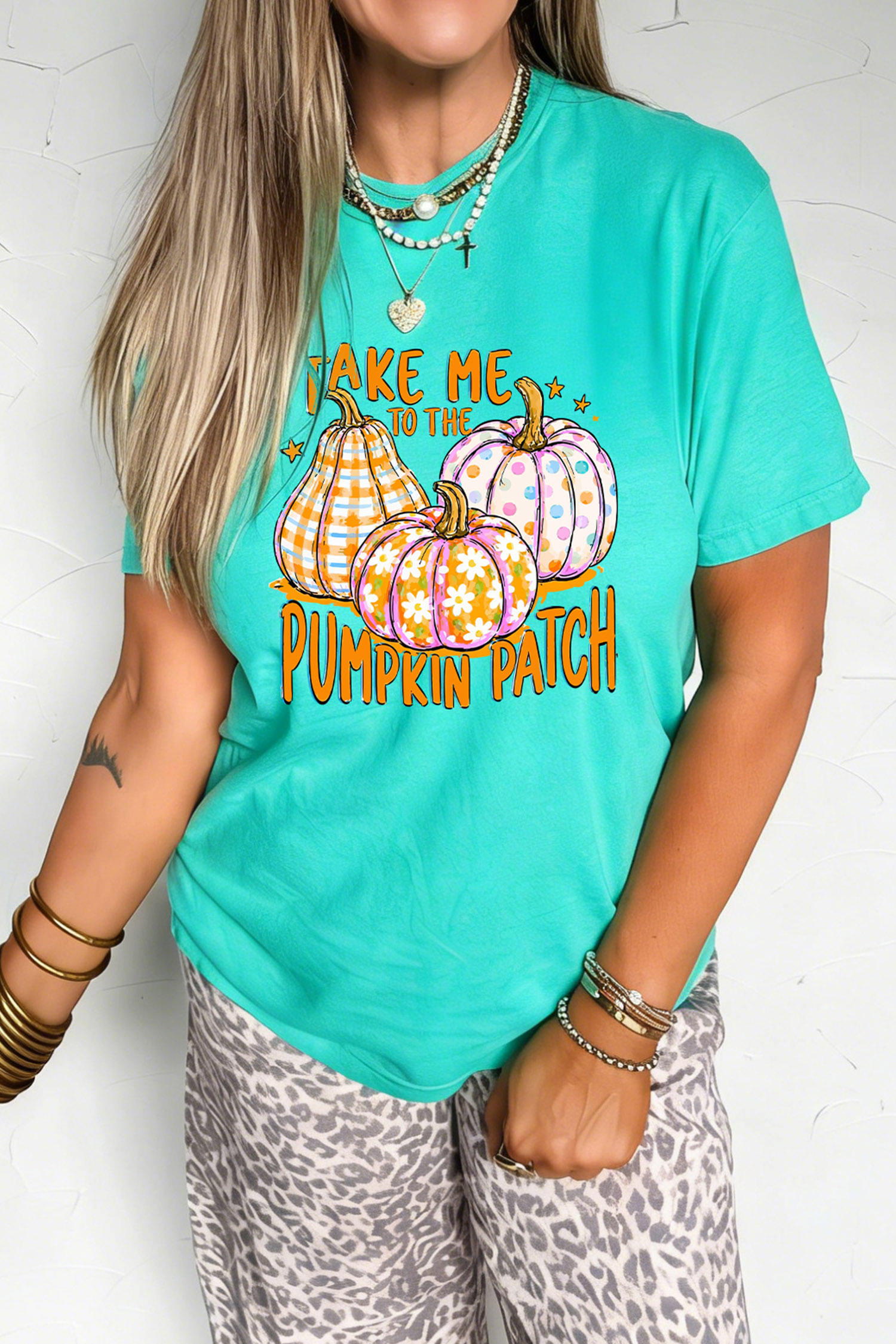 Mint Green Graphic T Shirt, Autumn Pumpkin Patch Print Top - Detail View 5 Mint Green Graphic T Shirt, Autumn Pumpkin Patch Print Top - Detail View 5