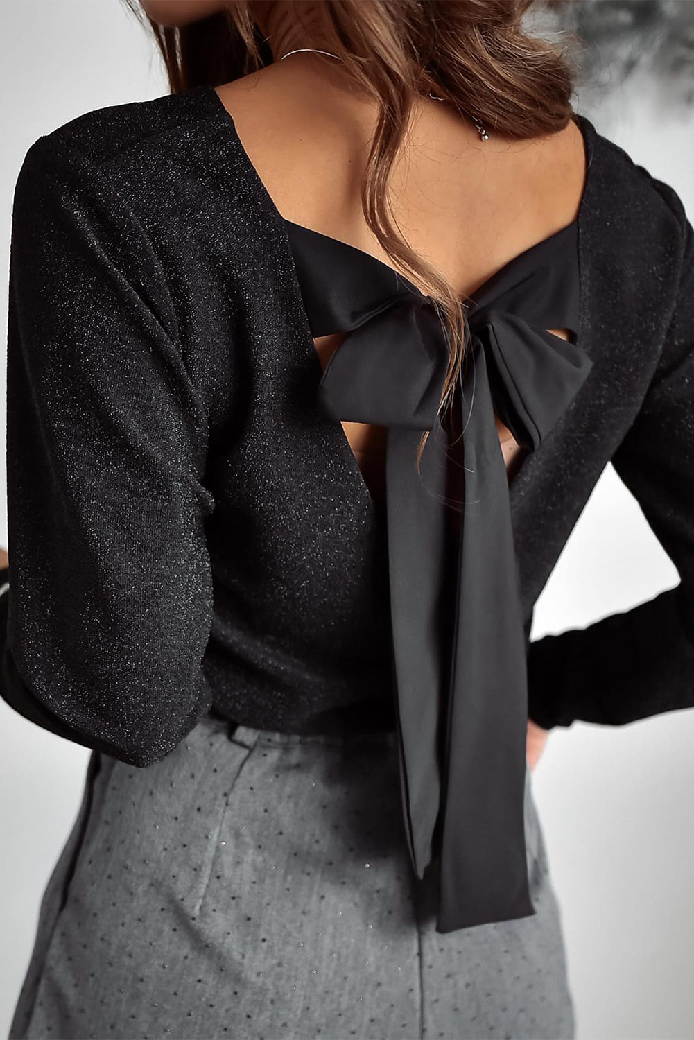 Flattering Long Sleeve Top: Black Metallic Bowknot Open Back V Neck with round collar - Detail View 8 Flattering Long Sleeve Top: Black Metallic Bowknot Open Back V Neck with round collar - Detail View 8