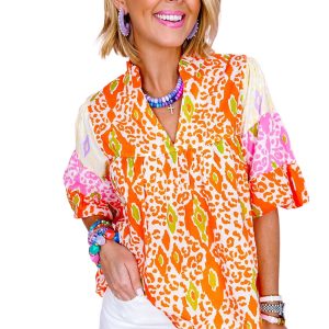 Women's Orange Leopard Colorblock Puff Sleeve Split Neck Blouse - Main View