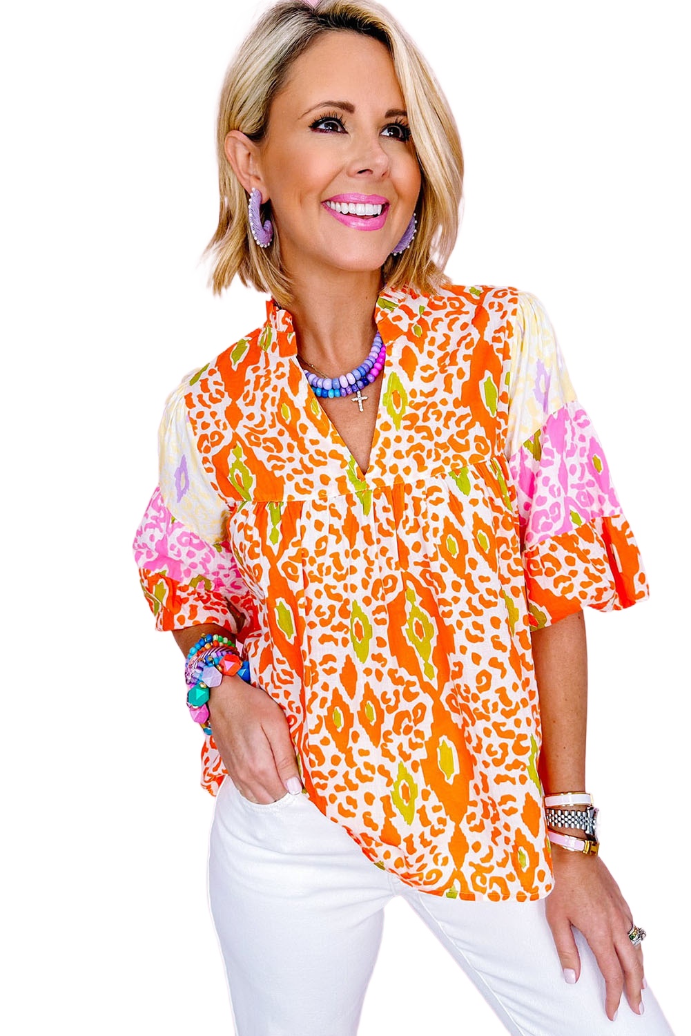 Women's Orange Leopard Colorblock Puff Sleeve Split Neck Blouse - Main View Women's Orange Leopard Colorblock Puff Sleeve Split Neck Blouse - Main View
