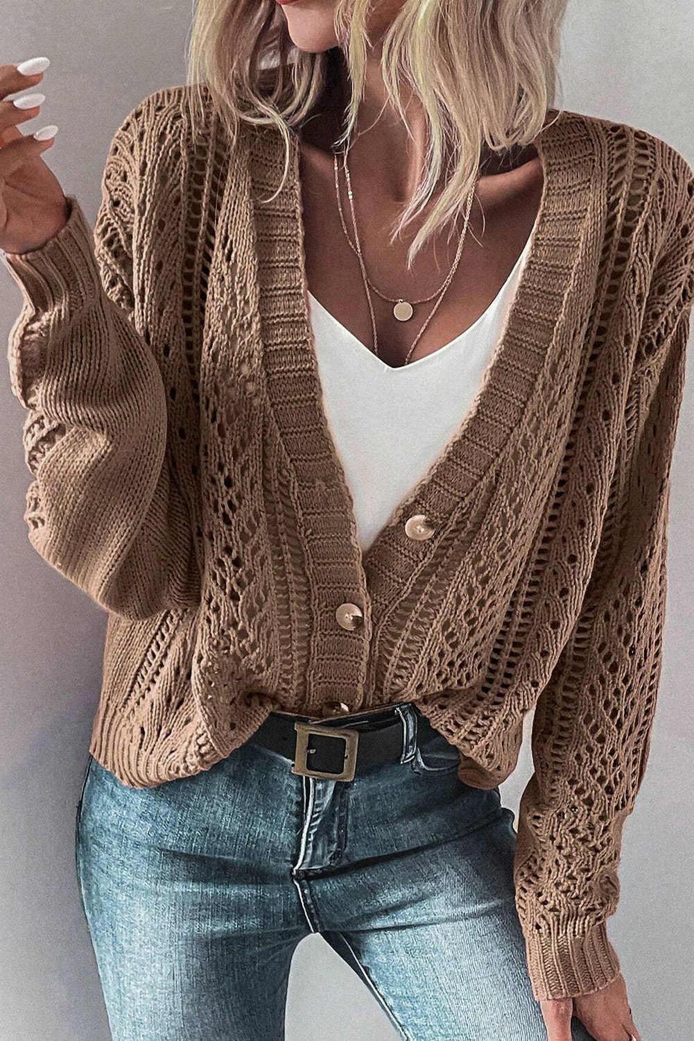 Chic and Versatile Long Sleeve Cardigan - Dark Khaki - Detail View 2 Chic and Versatile Long Sleeve Cardigan - Dark Khaki - Detail View 2