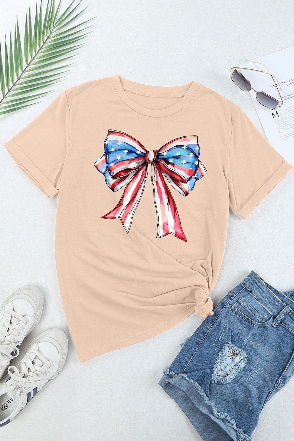 Patriotic Bow Print Top, Women's Casual Summer Round Neck Tee - Detail View 8 Patriotic Bow Print Top, Women's Casual Summer Round Neck Tee - Detail View 8