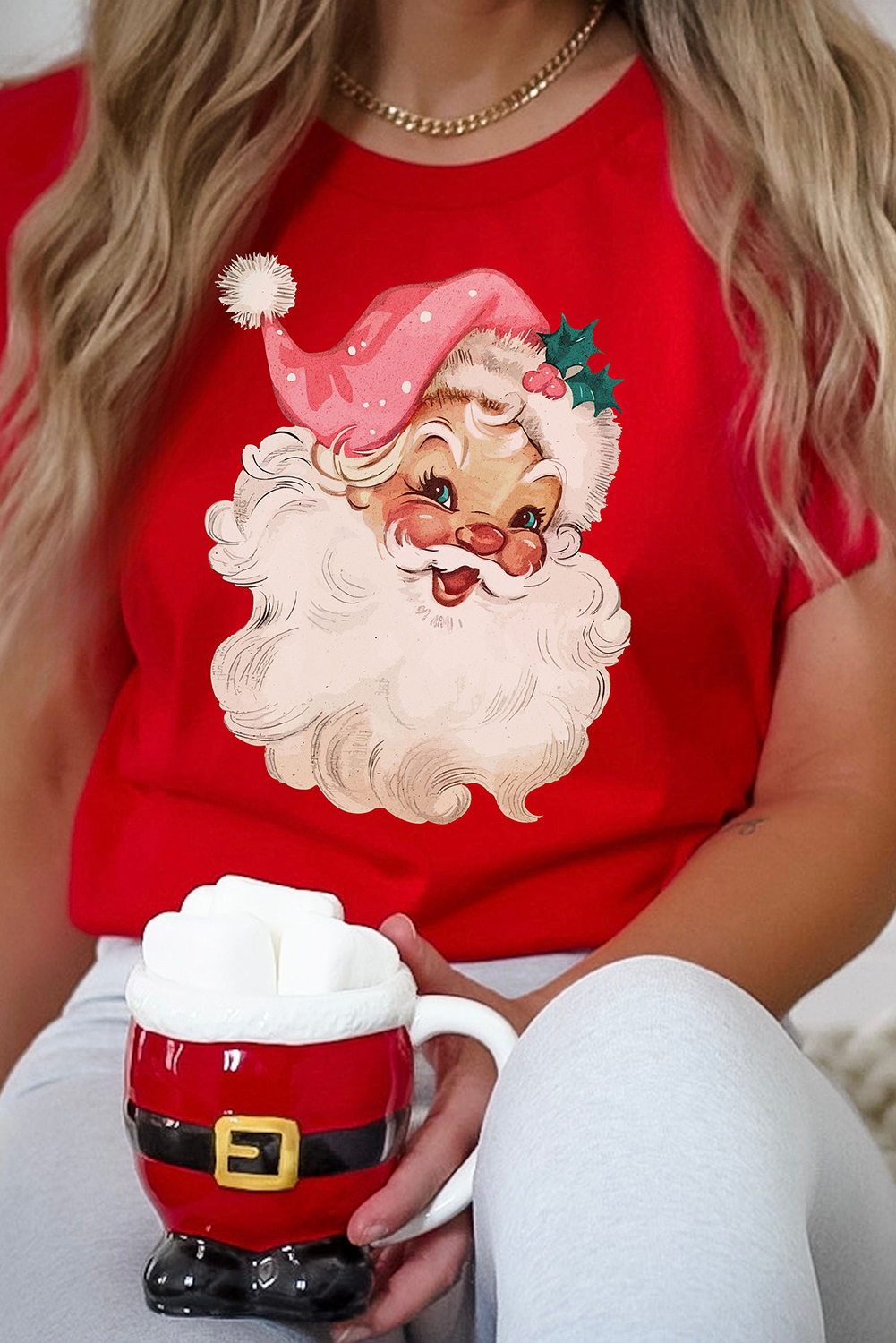Adorable Red Christmas Graphic Tee for Women: Santa Claus Print - Detail View 2 Adorable Red Christmas Graphic Tee for Women: Santa Claus Print - Detail View 2