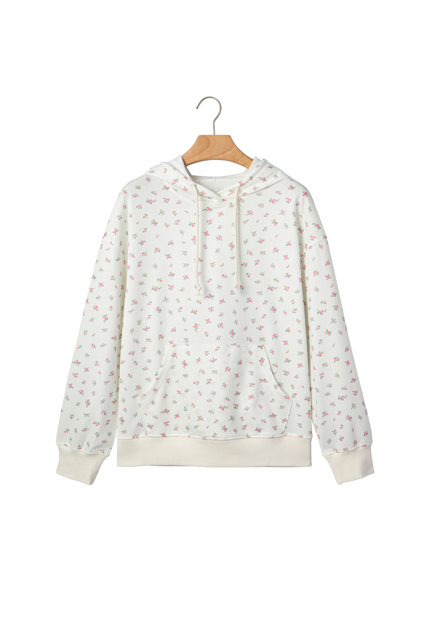 Women's White Floral Hoodie, Cozy Country Style Long Sleeve - Detail View 8 Women's White Floral Hoodie, Cozy Country Style Long Sleeve - Detail View 8
