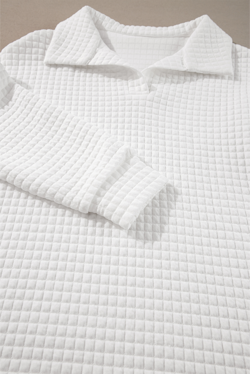 Women's White Quilted Texture Sporty Long Sleeve Collared Top - Detail View 9 Women's White Quilted Texture Sporty Long Sleeve Collared Top - Detail View 9