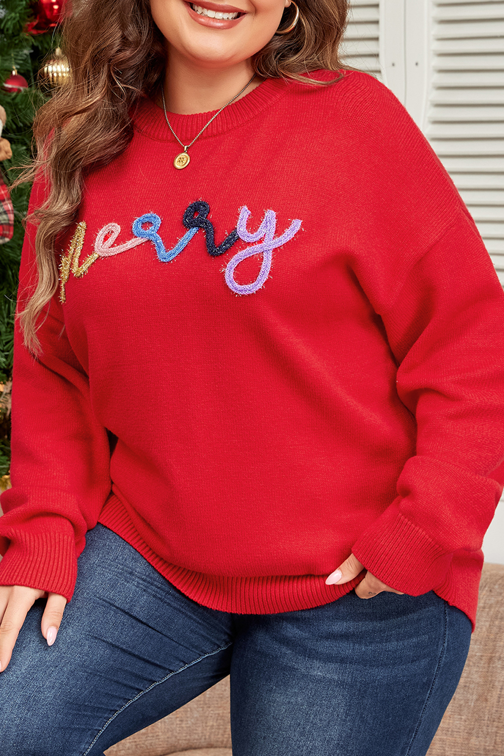 Women's Plus Size Sweater, Fiery Red, Drop Shoulder, Tinsel Merry Pattern, Casual Style, Round Neck, Long Sleeve, Holiday Fashion, Winter Wear, Comfortable, Cozy, Embroidered Detail, Daily Wear, Seasonal Clothing, Christmas Sweater - Detail View 8 Women's Plus Size Sweater, Fiery Red, Drop Shoulder, Tinsel Merry Pattern, Casual Style, Round Neck, Long Sleeve, Holiday Fashion, Winter Wear, Comfortable, Cozy, Embroidered Detail, Daily Wear, Seasonal Clothing, Christmas Sweater - Detail View 8