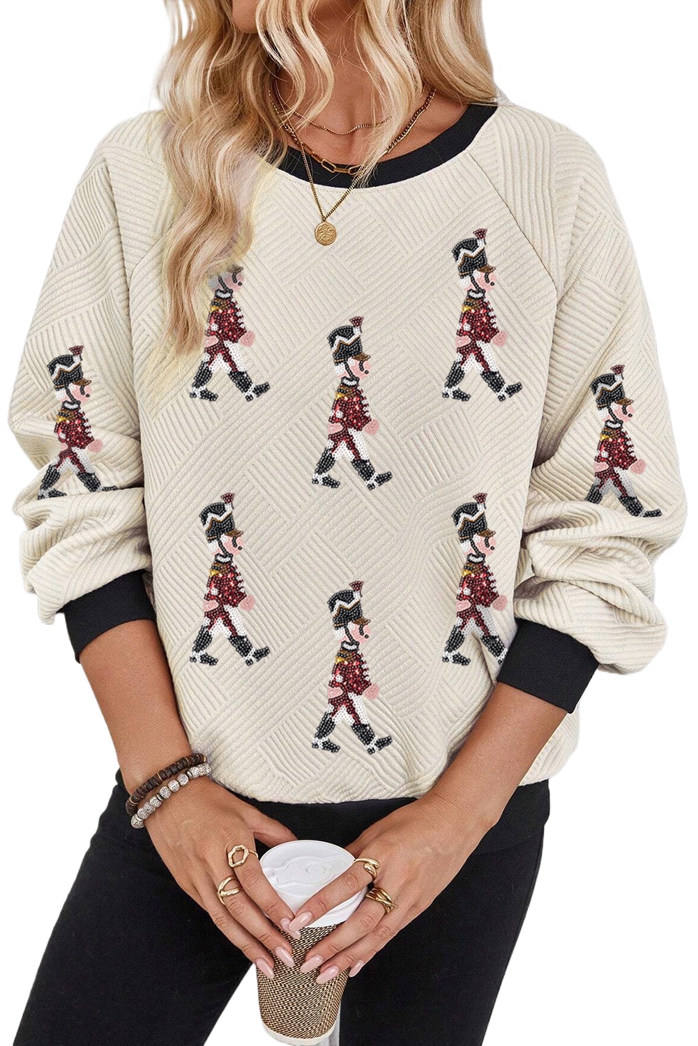 Women's Jet Stream Sequin Nutcracker Patched Colorblock Trim Long Sleeve Textured Top - Main View Women's Jet Stream Sequin Nutcracker Patched Colorblock Trim Long Sleeve Textured Top - Main View
