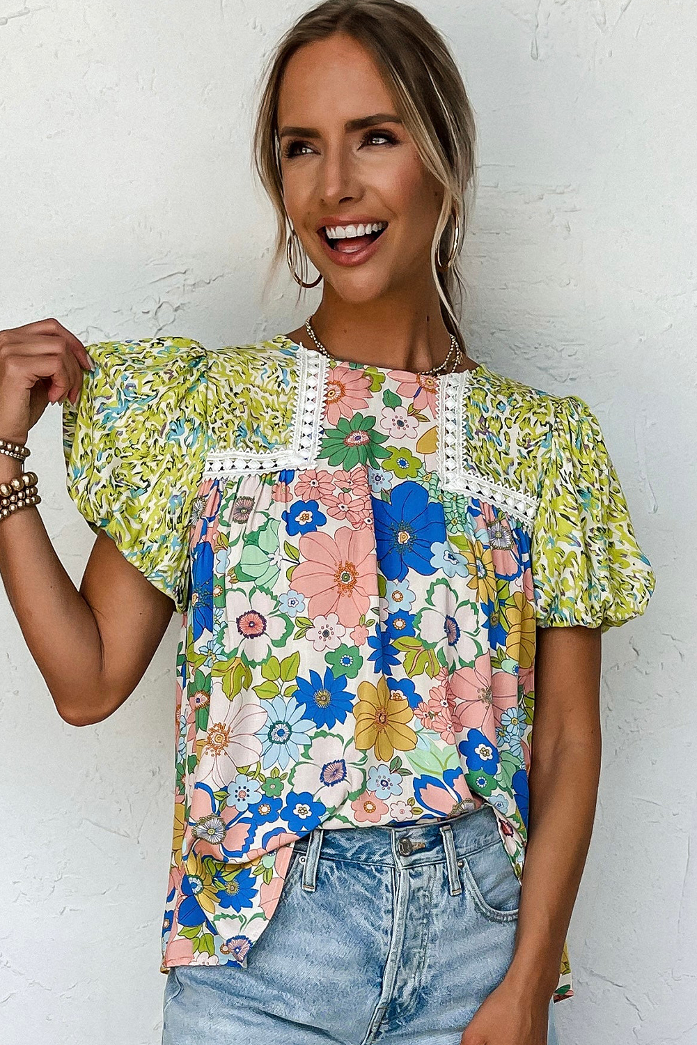 Women's Floral Puff Sleeve Blouse, Casual Round Neck Top - Detail View 4 Women's Floral Puff Sleeve Blouse, Casual Round Neck Top - Detail View 4