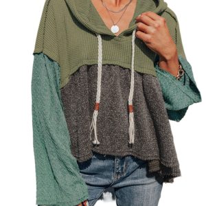 Women's Laurel Green Colorblock Patchwork Hooded Top with Wide Sleeves - Main View