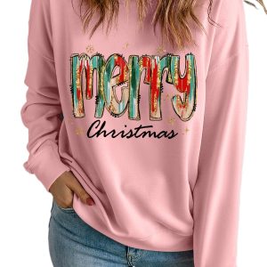 Women's Pink Brushwork Merry Christmas Print Drop Shoulder Sweatshirt - Main View