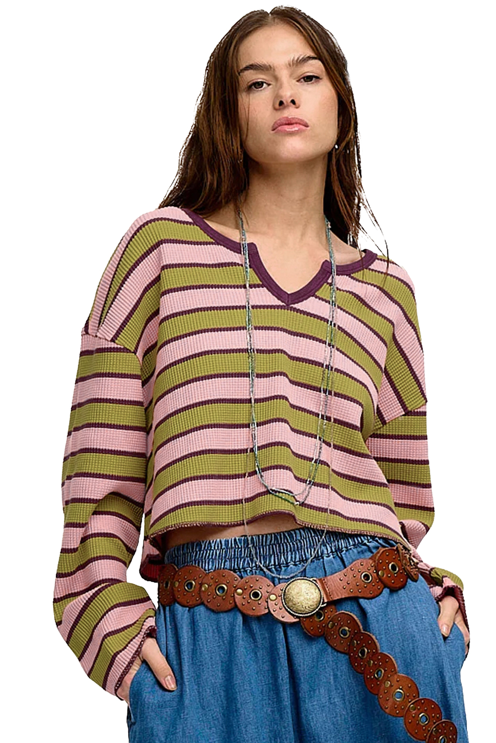 Comfortable and Stylish Women's Long Sleeve Shirt - Notched V Neck & Dropped Shoulders - Detail View 15 Comfortable and Stylish Women's Long Sleeve Shirt - Notched V Neck & Dropped Shoulders - Detail View 15