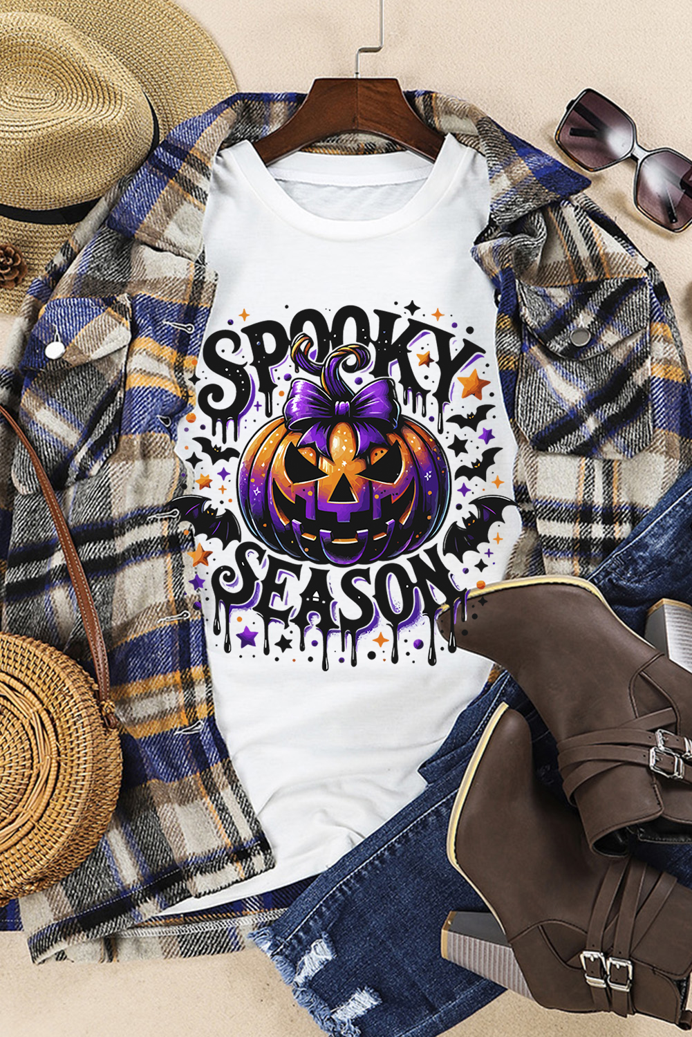 Graphic Halloween T-Shirt - White SPOOKY SEASON with Pumpkin Bat Design - Detail View 7 Graphic Halloween T-Shirt - White SPOOKY SEASON with Pumpkin Bat Design - Detail View 7