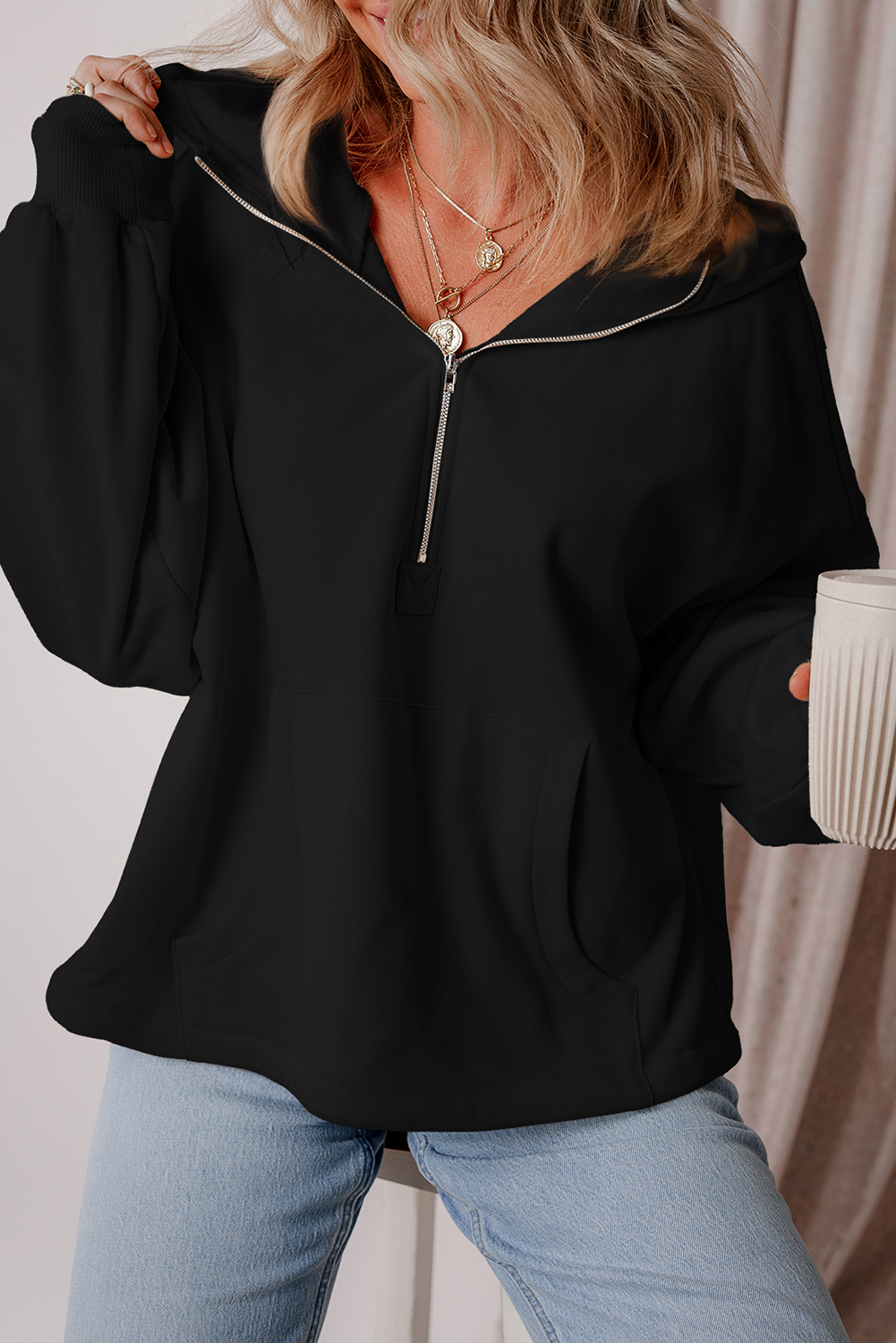 Casual Black Hoodie with Kangaroo Pockets and Fleece Lining for Warmth and Function - Detail View 3 Casual Black Hoodie with Kangaroo Pockets and Fleece Lining for Warmth and Function - Detail View 3