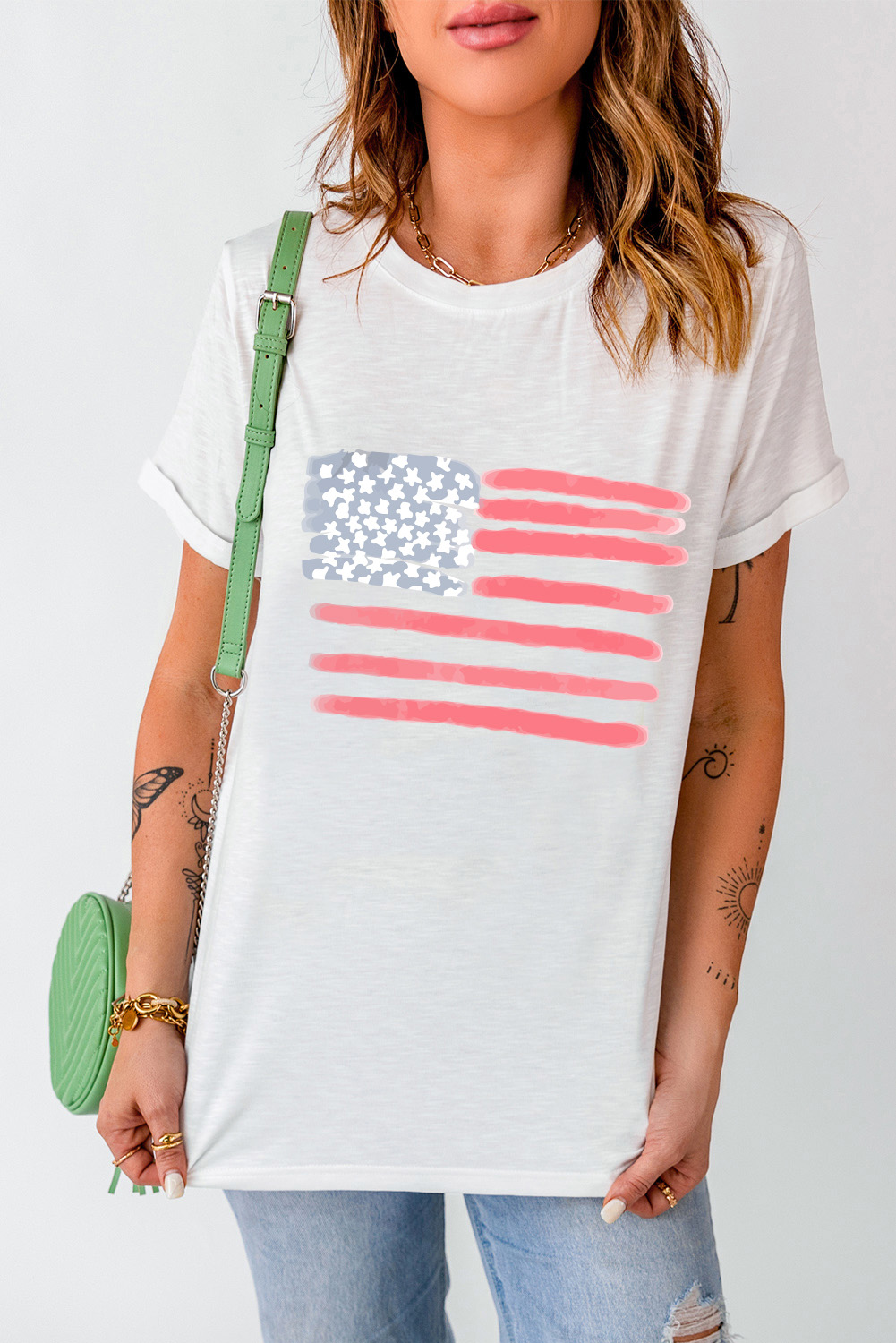 Patriotic and Comfortable White USA Flag Print T-Shirt - Crew Neck, Short Sleeves, and Relaxed Fit - Detail View 8 Patriotic and Comfortable White USA Flag Print T-Shirt - Crew Neck, Short Sleeves, and Relaxed Fit - Detail View 8