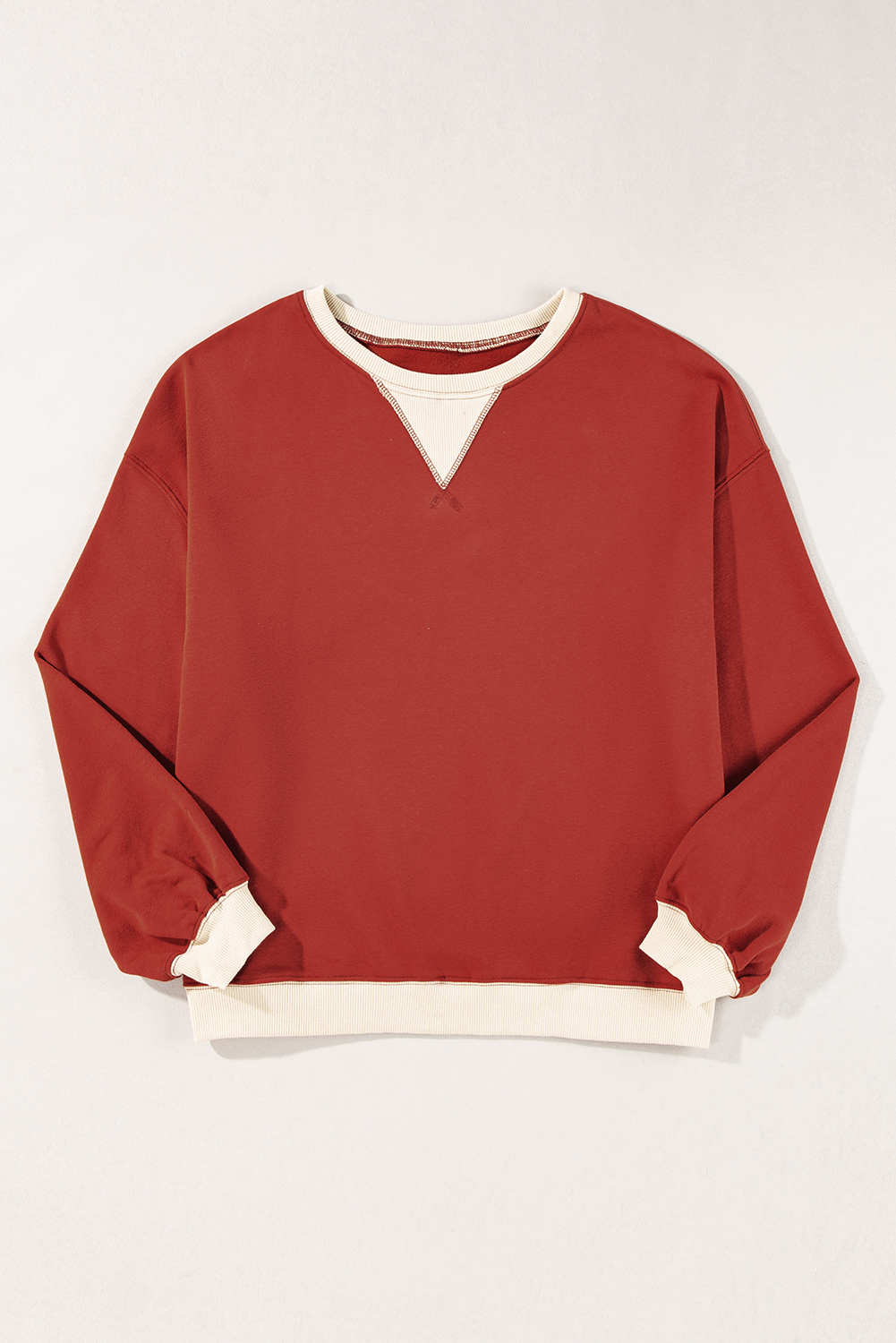 Casual Round Neck Sweatshirt: Unique Color Block Patchwork - Red Clay - Detail View 8 Casual Round Neck Sweatshirt: Unique Color Block Patchwork - Red Clay - Detail View 8