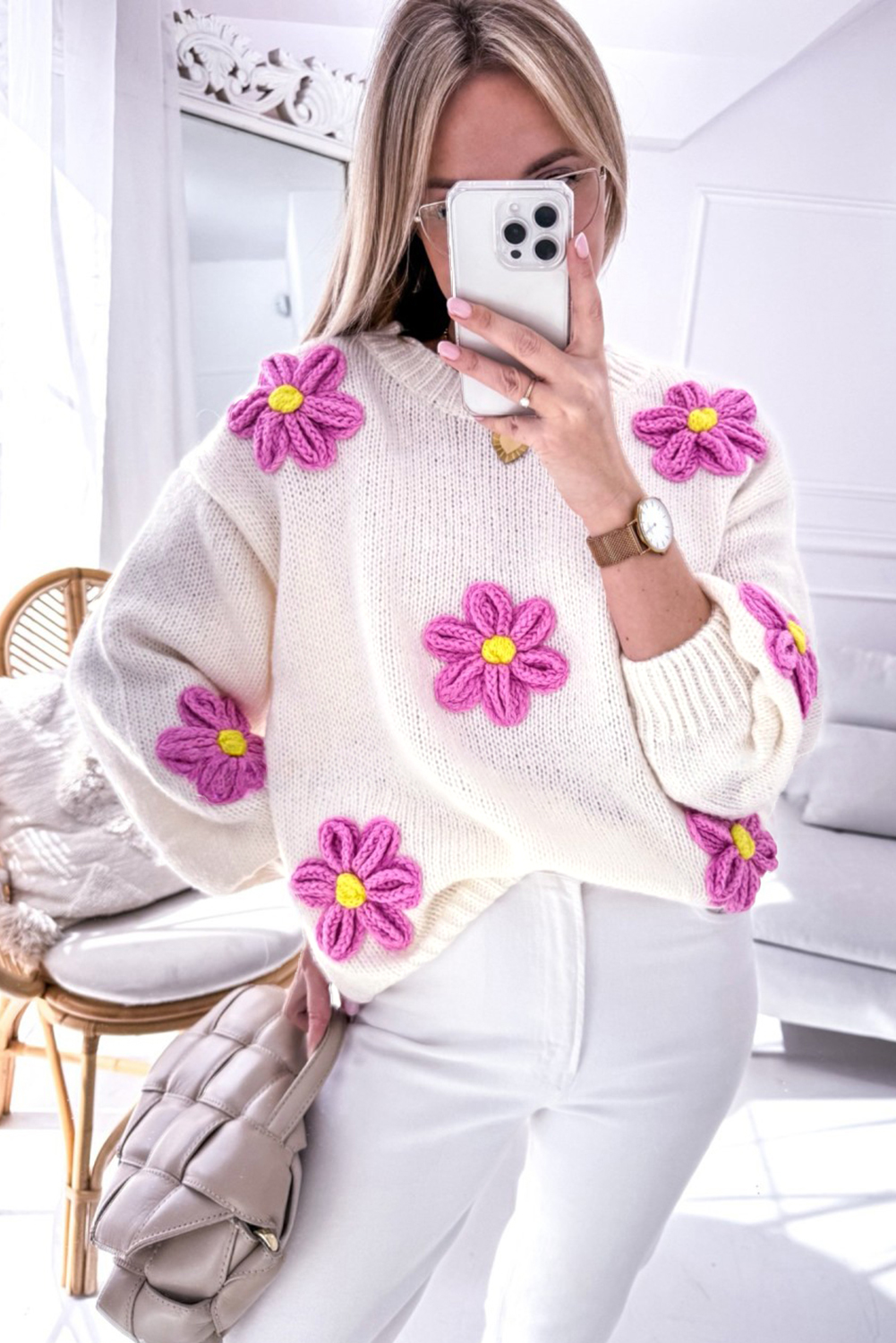 Women's Sweater, White Floral, Crochet, Chunky Knit, Long Sleeve, Round Neck, Winter Wear, Daily Wear, Soft, Warm, Comfortable, Elegant, Stylish, Premium Material, Floral Pattern - Detail View 10 Women's Sweater, White Floral, Crochet, Chunky Knit, Long Sleeve, Round Neck, Winter Wear, Daily Wear, Soft, Warm, Comfortable, Elegant, Stylish, Premium Material, Floral Pattern - Detail View 10