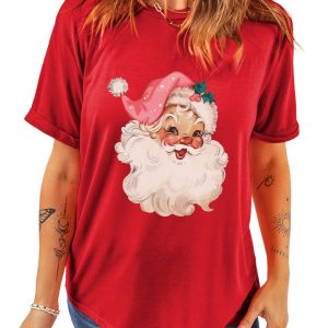 Women's Red Christmas Santa Claus Print Crew Neck T-Shirt - Main View