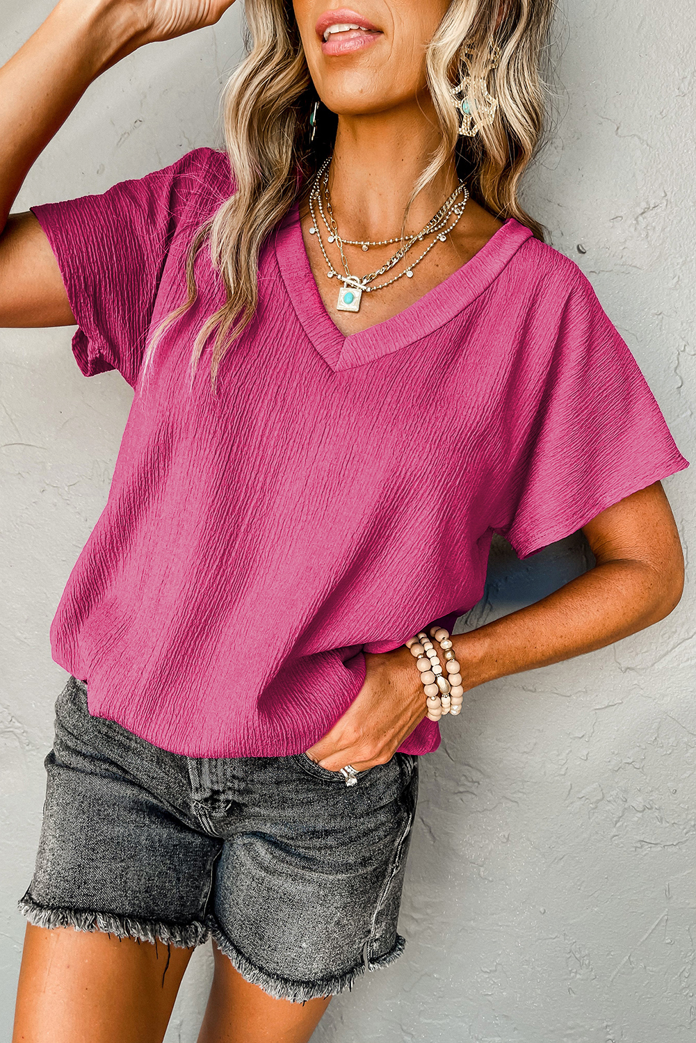 Women's Bright Pink V Neck T Shirt, Casual Summer Linen Top - Detail View 4 Women's Bright Pink V Neck T Shirt, Casual Summer Linen Top - Detail View 4