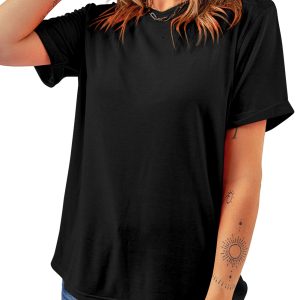Women's Black Crew Neck Tee, Casual Short Sleeve Summer Top - Main View