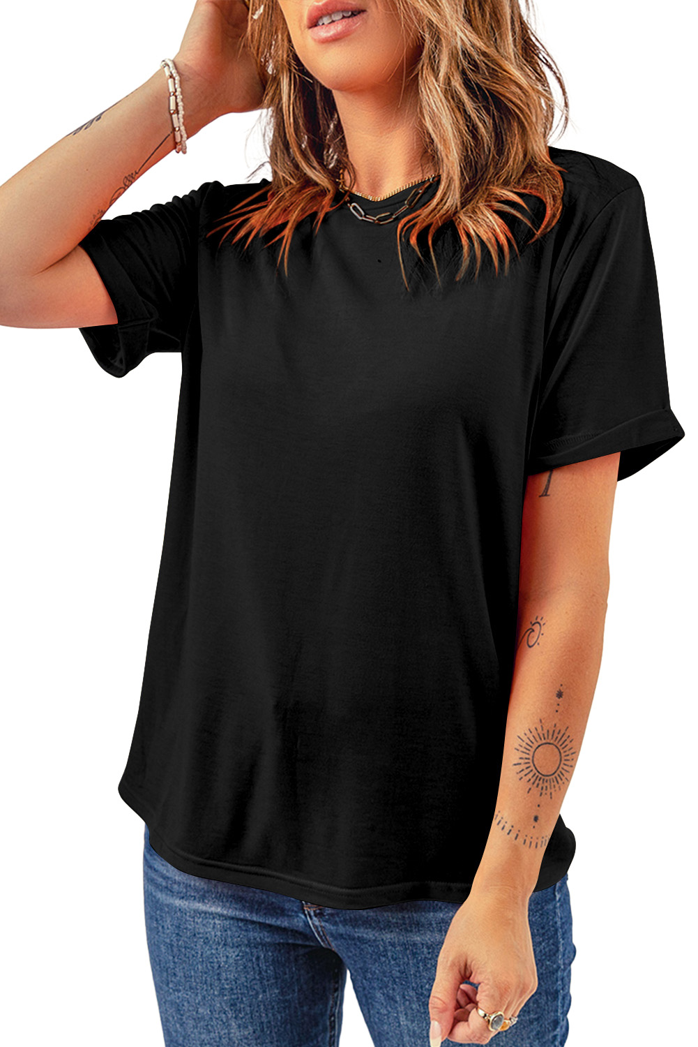 Women's Black Crew Neck Tee, Casual Short Sleeve Summer Top - Main View Women's Black Crew Neck Tee, Casual Short Sleeve Summer Top - Main View