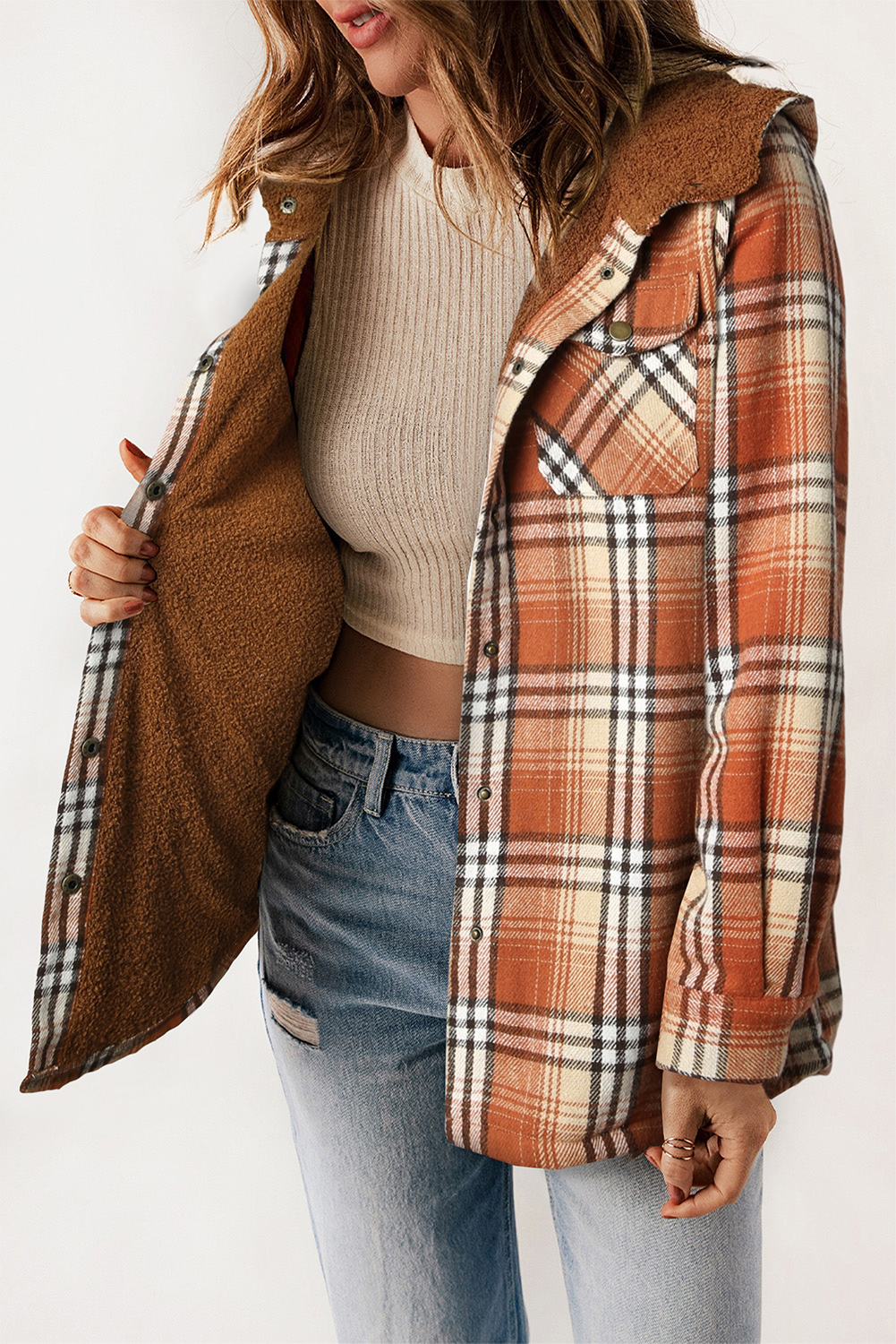 Women's Orange Plaid Shacket, Sherpa Lined Hooded Jacket - Detail View 4 Women's Orange Plaid Shacket, Sherpa Lined Hooded Jacket - Detail View 4