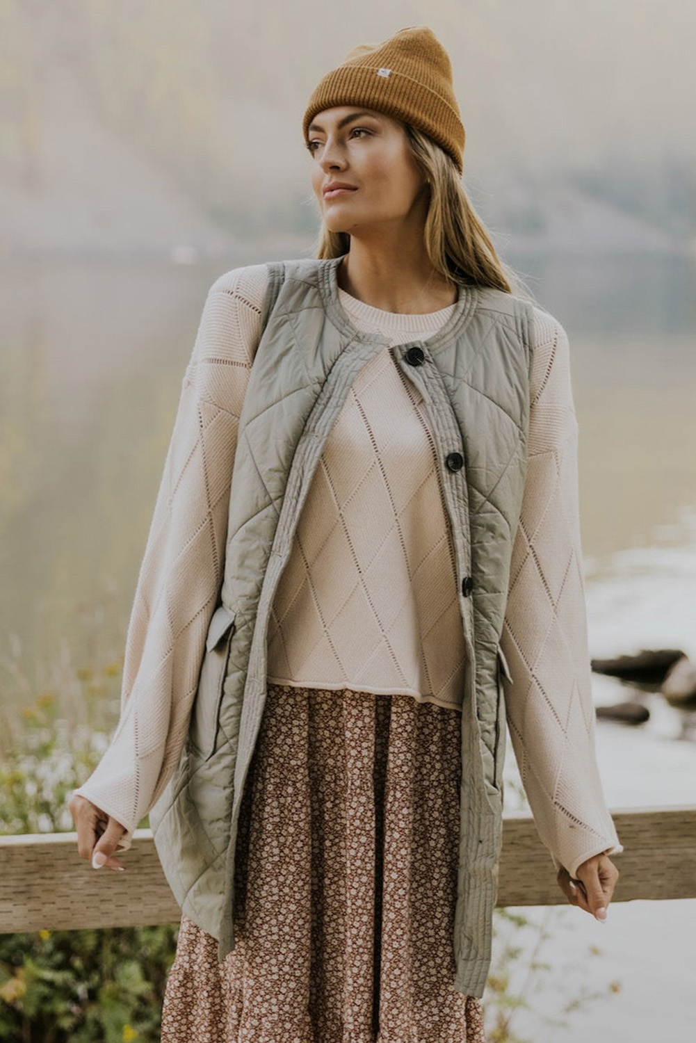 Grass Green Long Quilted Vest, Daily Women's Layering Piece - Detail View 6 Grass Green Long Quilted Vest, Daily Women's Layering Piece - Detail View 6